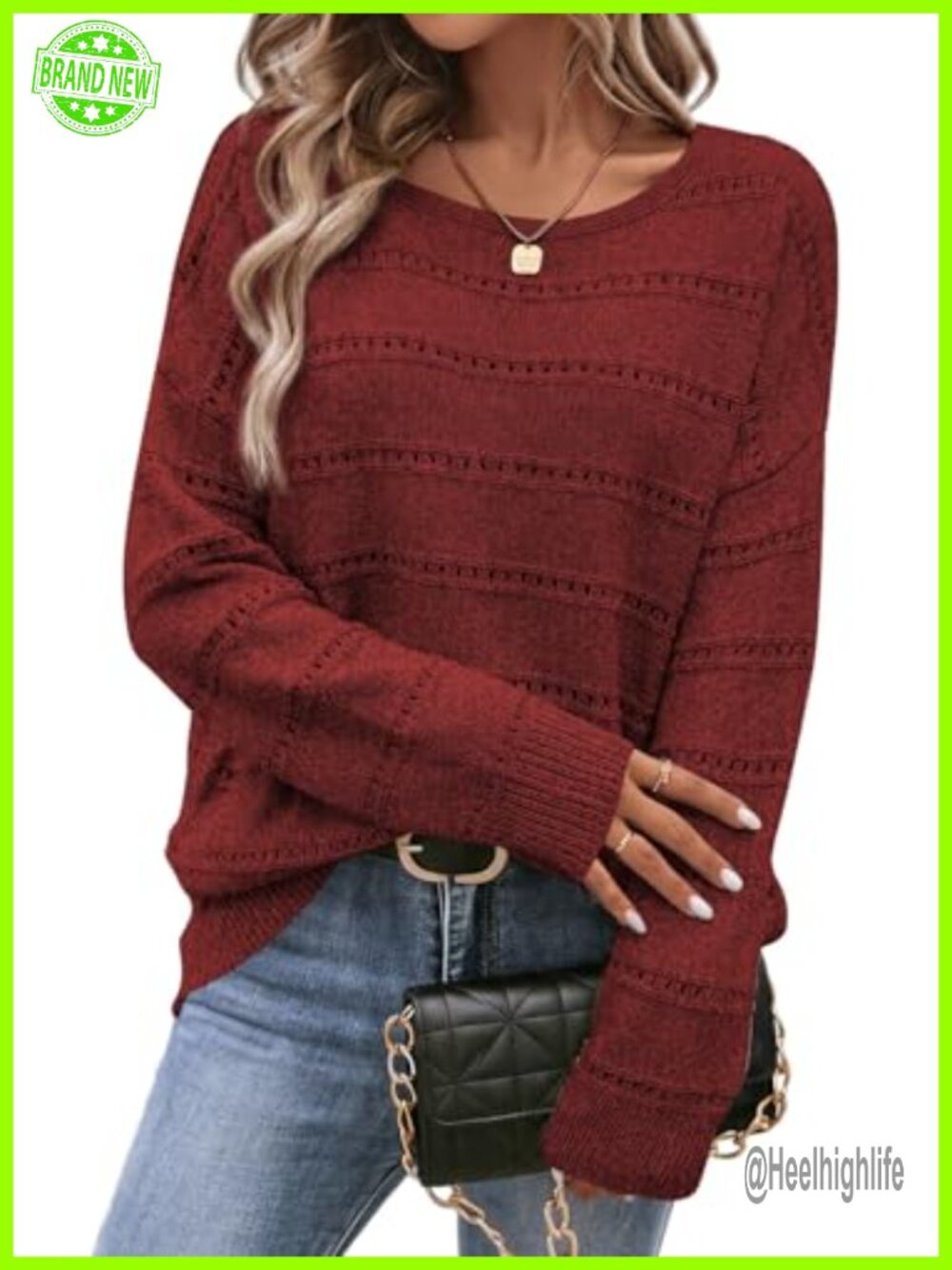 Womens Lightweight Polyester Knit Crewneck Sweater Hollow Out Long Sleeve